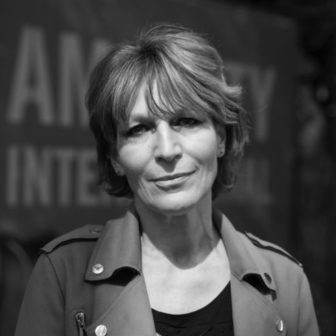 Black and white photo of Agnès Callamard