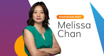 Cutout of Melissa Chan with her arms crossed over an abstract background. It reads "Rights con host, Melissa Chan"