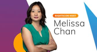 Cutout of Melissa Chan with her arms crossed over an abstract background. It reads "Rights con host, Melissa Chan"