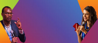 purple to blue gradient background with speakers on the left and right of the image holding microphones and colorful gradients to the sides of the image