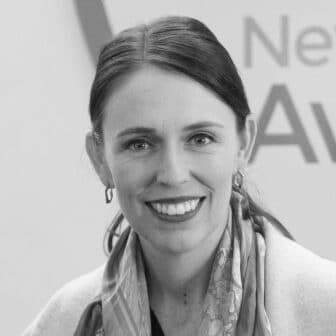 Black and white photo of Jacinda Ardern