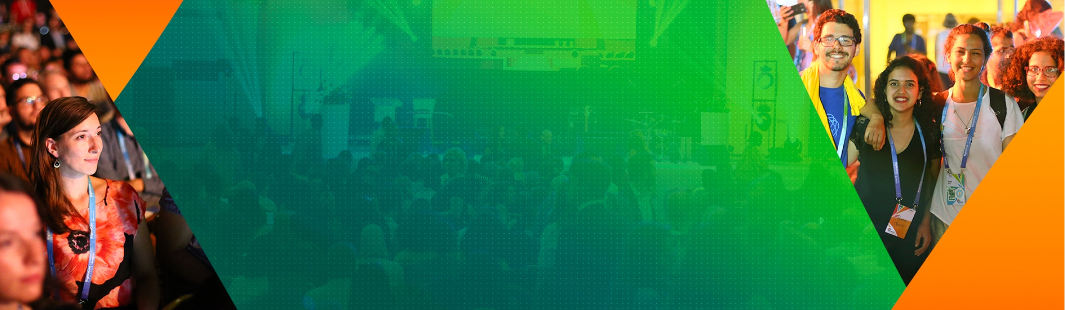 Image of a group of people attending RightsCon, the world's leading summit on Human Rights in the digital age. People are facing the camera and also in a large crowd watching the sessions