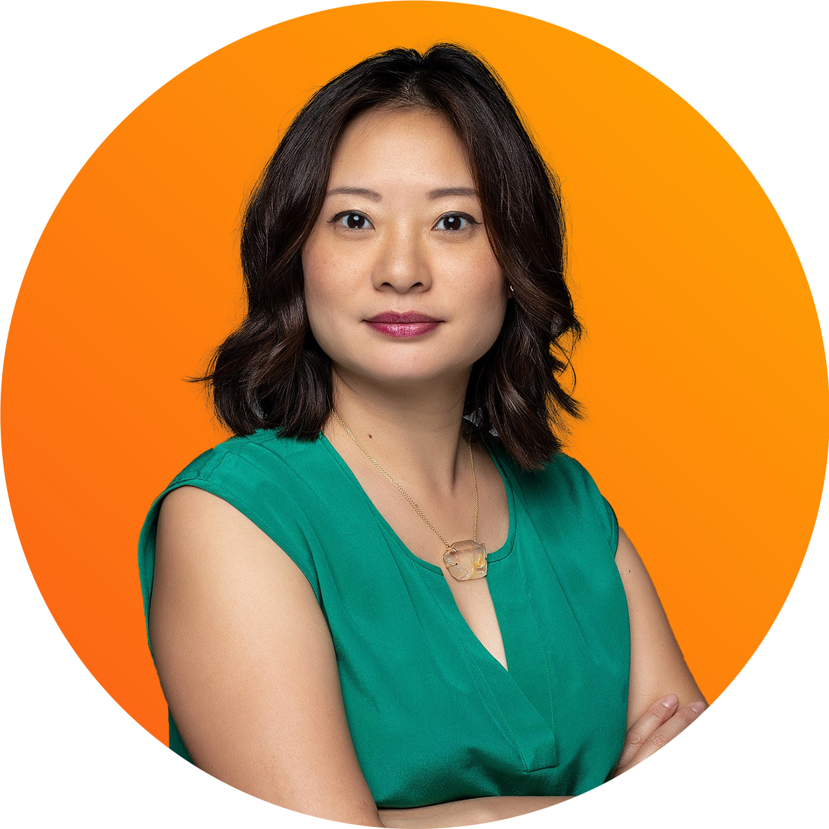 Cutout of Melissa Chan with her arms crossed over color background