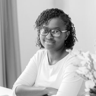 Black and white photograph of Mercy Mutemi