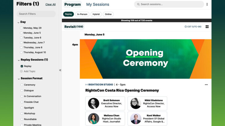 A screenshot of the RightsCon Summit Platform showing the agenda with the Opening Ceremony and the participants
