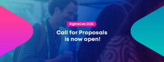 Person talking during RightsCon Costa Rica (2023) with the text over it: Call for Proposals is now open!